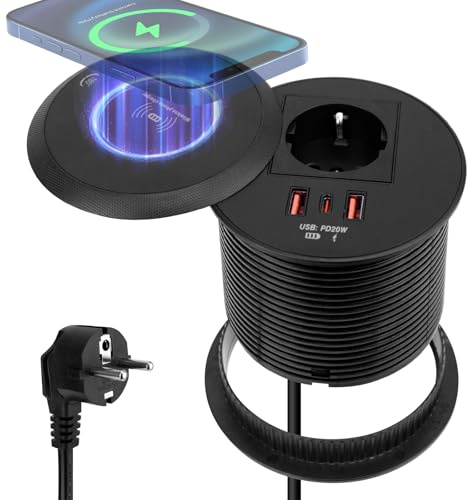 Multiprise avec Charge sans Fil 15 W | Câble de 1,8 m, Avec 1 Port USB-C, 1 Port USB-A et 1 Prise, pour Maison Cuisine Bureau (Noir)