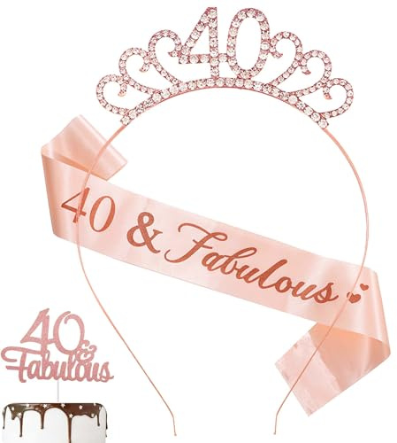 40th Birthday Sash and Crystal Tiara Crown Hat Headband for Decorations 40th Women's Gift Party Accessory (Rose Gold)