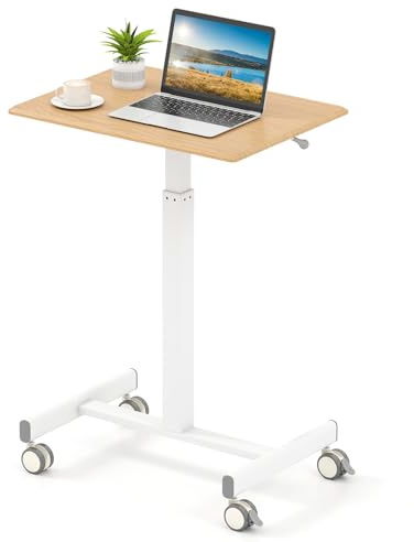 GYMAX Pflegetisch mit Rollen, höhenverstellbarer Betttisch mit H-förmige Basis, mobiler Stehpult, ergonomischer Stehschreibtisch für Sofa, Wohnzimmer & Home Office, 65 x 48 x 74,5-108,5 cm