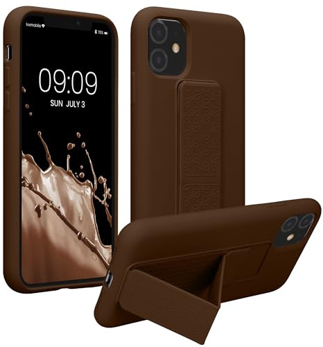 kwmobile Case for Apple iPhone 11 Case - Soft TPU Cover with Silicone Coating - With Hand Strap and Stand Function - Shockproof - Chocolate