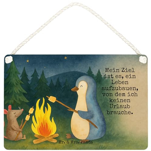 Mr. & Mrs. Panda Schild Pinguin Lagerfeuer Design DIN A6 - Geschenk, Wandbild Holz, kleine aufmerksamkeit, Job, Marshmallows, Feuer, Maus, holzbild, Holzschild, Türschild