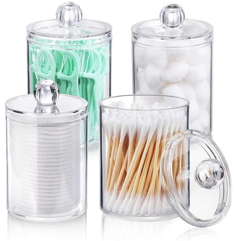 Cotton Bud Holder, 4 Pack 10oz Bathroom Jars with Lids, Clear Plastic Qtip Dispenser & Cotton Pad Storage Container, Apothecary Organizer Jars for Vanity Countertop, Cotton Balls & Dental Floss Pick