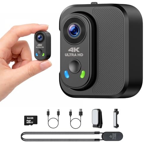 Caméra Sport 4K 30fps & Mini Caméras Moto - EIS Stabilisation, Fixation Magnétique, Carte 64Go Incluse, 150° Grand Angle - Vlog Caméra Pouce avec Boîtier de Charge 1800mAh pour TikTok/Voyage/POV
