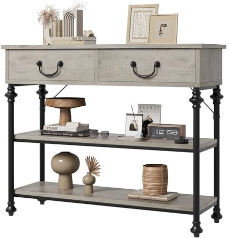 Garvee Table d'Appoint Étroite avec 2 Tiroirs Et 2 Étagères Ouvertes,Console Meuble Rustique, 100 x 30 x 80 cm,Table Console pour Couloir,Salon,Entrée
