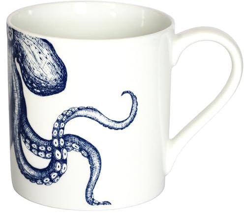 Cream Cornwall Bone China Mug - Octopus - 375 ml | Premium Tea & Coffee Mug | Artwork Hand-Drawn in Cornwall | Lightweight & Durable China White Mug for Animal & Ocean Lovers, Perfect Octopus Mug Gift