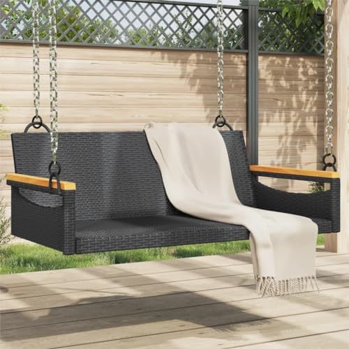 KGHFDVB Banc suspendu noir 109 x 62 x 40 cm en rotin synthétique avec anneaux de fixation, banc à bascule pour extérieur avec cadre en acier revêtu par pulvérisation, charge maximale 110 kg par