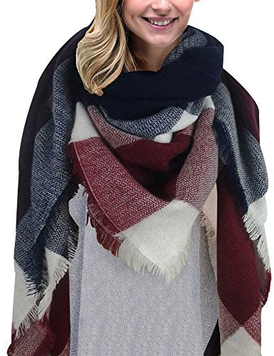 Lantch Damen Schal Kariert übergroßer Quadratisch Deckenschal Herbstschal Winterschal Karo Tartan Streifen Plaid Muster XXL Oversized Fransen Poncho (Stil4)