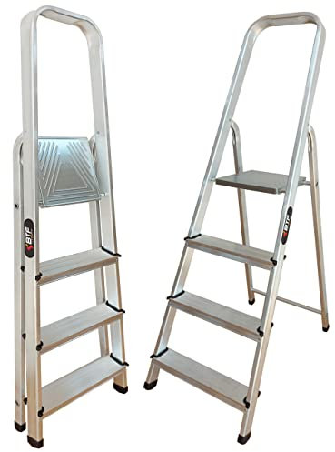 BTF - Escalera Tijera Plegable - 4 Peldaños en Aluminio - Escaleras Plegables Aluminio - Hecho en Europa - Portátil y Plegable. BTF-TJL104