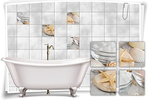 Medianlux Fliesenaufkleber Fliesenbild Muschel Seestern Salz Wellness SPA Aufkleber Sticker Fliesen Bad WC, 15x15cm fp5p108q-71076