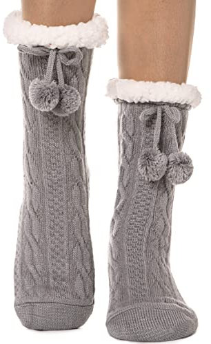 EBMORE Damen Kuschelsocken Warme Stoppersocken Rutschsichere Hu?ttensocken ABS Sohle Weihnachtssocken Socken Geschenke für Frauen Weihnachten Winter Christmas Socks (Ball Grau)