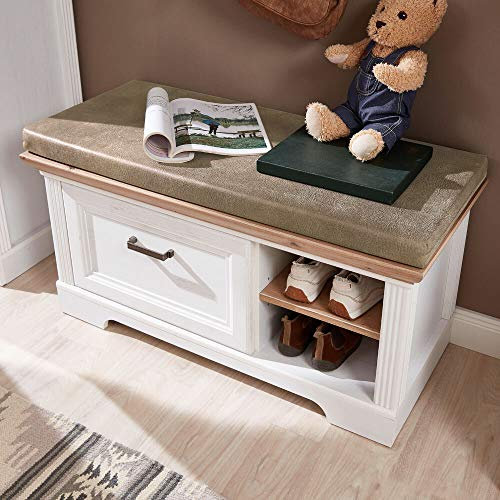 Lomadox Landhaus Garderobenbank mit Sitzpolster in Pinie weiß mit Artisan Eiche - Breite: 93cm