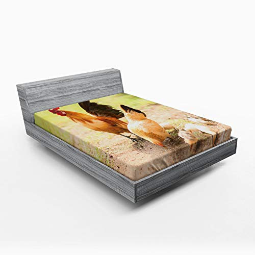 ABAKUHAUS Henne und Küken Spannbetttuch, Huhn-Familien-Foto, Soft Dekorativer Stoff Bettwäsche Rund-um Elastischer Gummizug, 140 x 200 cm, Creme Grün