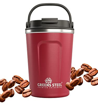 Greens Steel Mug Isotherme Café Réutilisable - 350ml Rouge I Tasse Thermos à Emporter Couvercle Poignée I Acier Inoxydable Boissons Chaudes Froides I Gobelet Étanche Thé Café Boisson Glacée