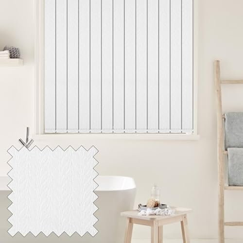 Vertical Blinds - Made to Measure - 89mm - Complete Blind - Feather Weave Fabric- WHITE (Up To 150cm(1500mm), Up To 130cm(1300mm))
