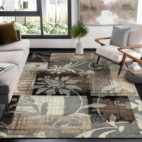 Superior Indoor Area Rug, Jute Backed, Perfect for Office, Living/Dining Room, Bedroom, Kitchen, Hallway, Entryway, Floor, Modern Floral Patchwork Decor, Pastiche Collection, 7' x 9', Beige