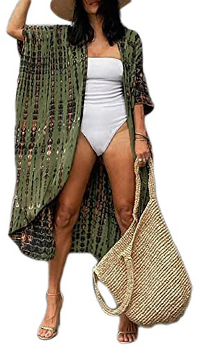 Bsubseach Women Tie Dye Long Beach Swimsuit Cover Ups for Swimwear Sexy Bikini Beach Kimono Cardigan Army Green