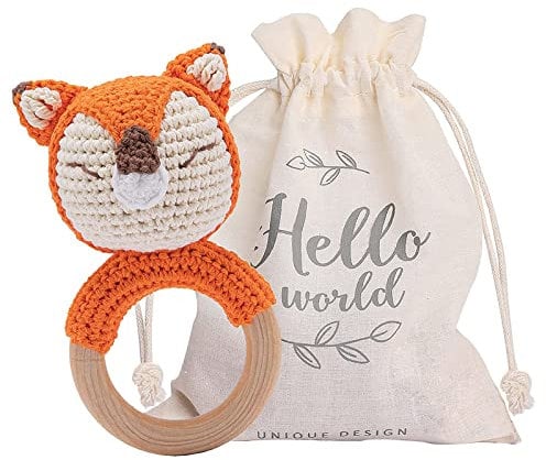 Youuys Babyrassel Gehäkelte Holz Häkeln Tiere Greifling Baby Holz Rassel Baby mit Sound Handmade Rassel für Neugeborenes Baby Geschenk Junge und Mädchen Geschenk zur Geburt (Fuchs)