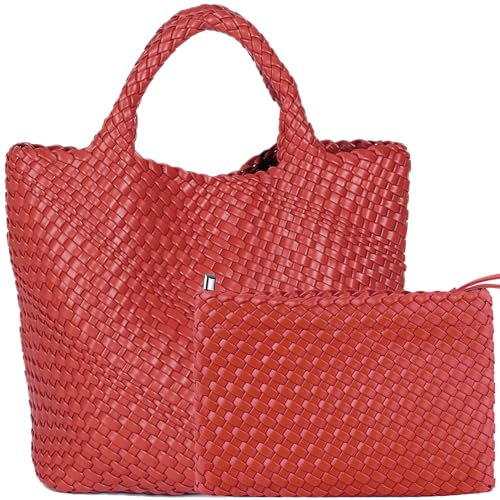 Modische gewebte Einkaufstasche, Reisehandtaschen und Geldbörsen, Damen, große Kapazität, Schultertaschen, Rot/Ausflug, einfarbig (Getaway Solids), Large