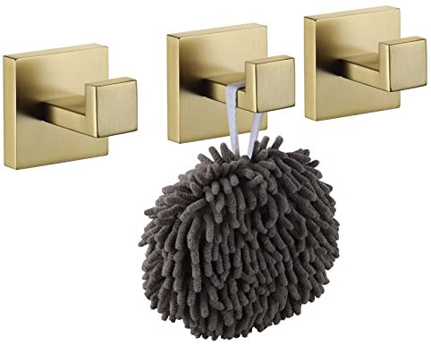 KOKOSIRI Bath Robe Hook Wall Mount Square Towel Hook Coat Hook Bathroom Kitchen Garage Heavy Duty SUS 304 Stainless Steel 3 Pack Brushed Gold B1010BG-P3