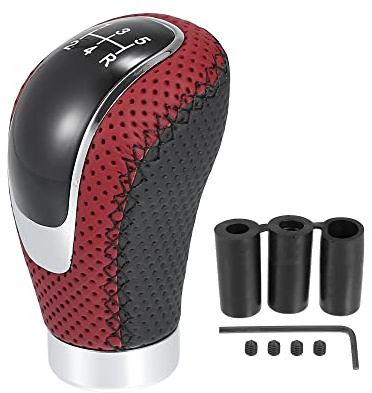 X AUTOHAUX Auto Schaltknauf 5 Gang PU Leder Schwarz Rot 1 Stück | Farbe Silber, Maße 6x5x9.5cm, Innendurchmesser 16mm, Gewinde M5x0.8, Adapter 8/10/12mm, Mit 3 Schrauben Und 1 Schlüssel