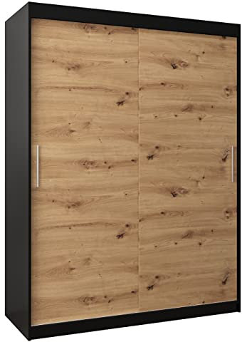 MEBLE KRYSPOL Tokyo 150 Kleiderschrank mit Zwei Schiebetüren für Schlafzimmer – moderner Aufbewahrungsschrank mit Kleiderstange und Regalen – 150x200x62cm - Mattschwarz + Artisan