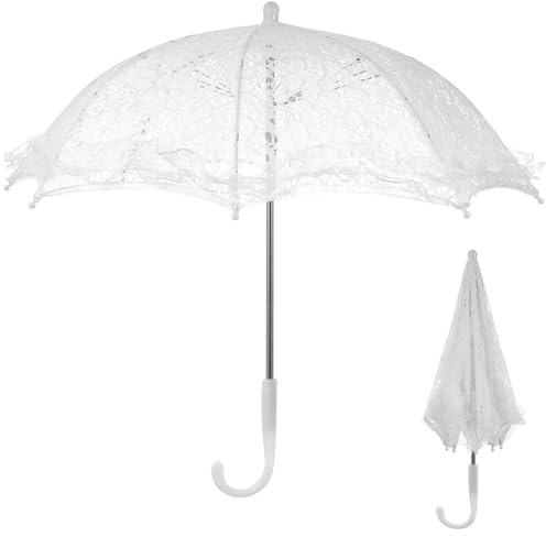 Toddmomy 19.6 Inch White Lace Parasol Umbrella Vintage Victorian Wedding Parasol for Photography Bridal Shower Tea Party Decor Lightweight Elegant Prop with Ergonomic J-Handle