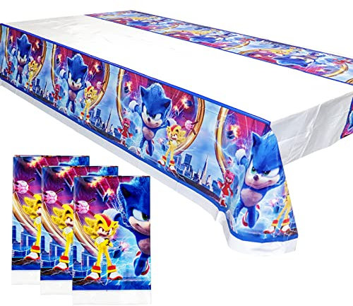 3pcs Manteles de Sonic, 180 * 108cm Mesa de Plástico Sonic de Temáticas Rectangular Cubierta de Mesa para Infantiles Niños o Niñas Baby Shower Cumpleaños Decoración de Fiestas Picnic