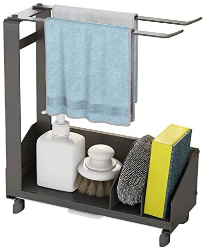 youjia Organizador de Fregadero Cocina Soporte para Esponja de Acero Inoxidable Soporte para Utensilios de Cocina con Toallero y Bandeja Extraíble Organizador Sink Caddy