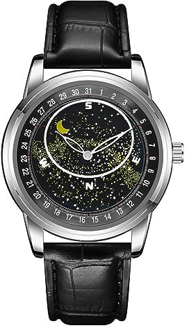 Silverora Herrenuhren Leder Uhr Herren- Analoge Quarz Armbanduhr mit Lederarmband Sternzifferblatt Armbanduhren mit leuchtende Galaxie Geschenke für Männer Schwarz