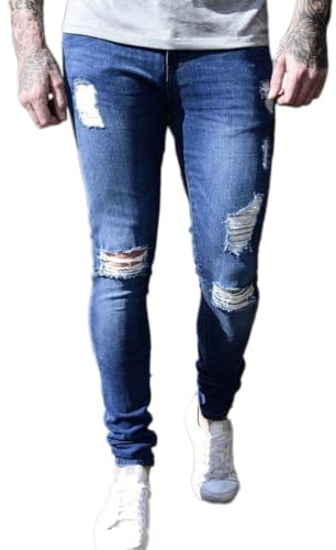 Oanviso Jean Troué Homme Style Hip Hop Détruit Trou Pantalon en Denim Extensible Couleur Unie Jeans Trou Cassé Streetwear Jeans Moulants Trekking Grande Taille F Bleu Foncé S