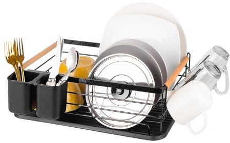 Innoteck Essentials 1 Tier Dish Drainer Rack - with Removable Cutlery Holder and Plastic Base Drip Tray - Large Capacity with Rustproof - Organiser for Kitchen Counter - 41.5 x 30.5 x 14 cm - Black