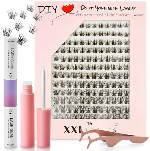 DIY Kit de cils à faire soi-même, ensemble d'extensions de cils XXL Lashes, 144 cils en grappe de 5 longueurs différentes, y compris colle/adhésif, scellant, dissolvant, applicateur et manuel (Hybrid)