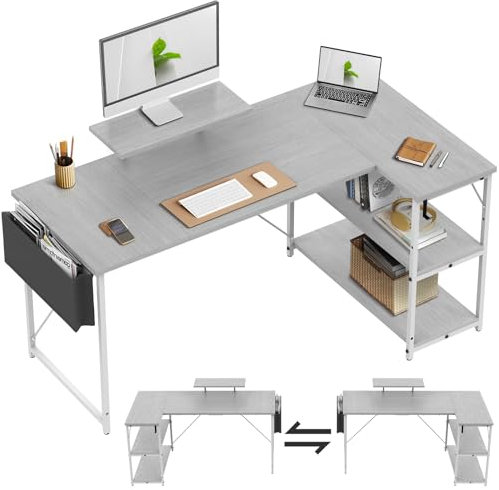 TRIUMPHKEY Scrivania ad Angolo in Forma di L 160cm,Scrivania Reversibile Gaming,Tavolo da Lavoro,Scrivania per Computer,Tavolo da Ufficio Salvaspazio,Legno e Metallo(Grigio)