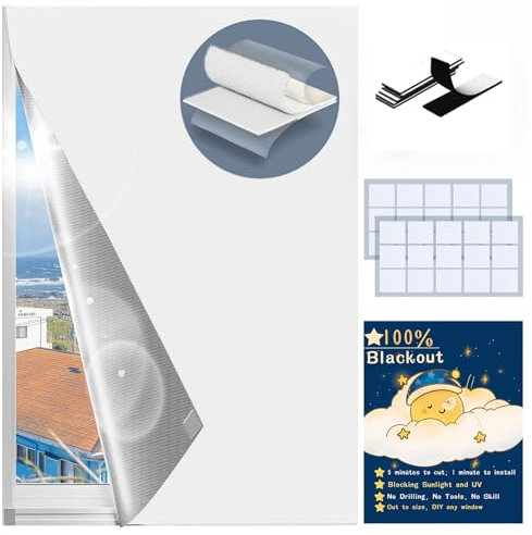 Verdunkelungsrollos weiß [100% Verdunkelung] [300cm x 150cm] [DIY] Tragbare Verdunkelungsvorhänge für Fenster, Starke Klettbandstreifen mit Kleber, für Schlafzimmer, Babyzimmer