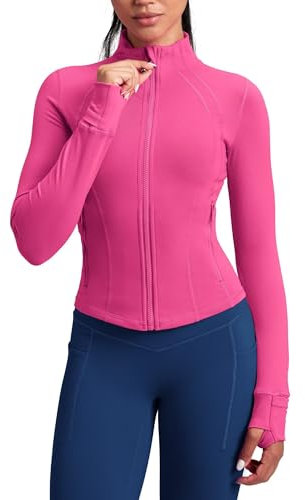 QUEENIEKE HugSoft Running Jackets for Women - Zip Up Athletic Workout Jackets Slim Fit Track Jacket with Mesh Panel (Hot Pink, Small)