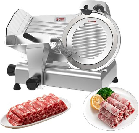 150W Commercial Meat Slicer, 10 Inch Electric Food Slicer with 200mm Feed Bin and Removable Stainless Steel Blade, Adjustable Thickness 0-9mm, Easy to Clean for Meat, Cheese, Bread