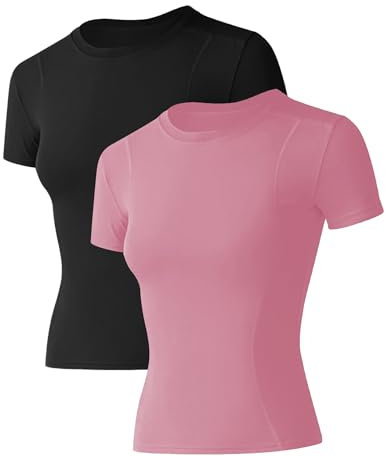 IECCP Damen Sport Shirts Kurzarm Atmungsaktiv Jogging Shirts V-Ausschnitt Polyester Trainingsshirt Sommer T-Shirt Leichte Fitness Shirt für Yoga 2er Pack S