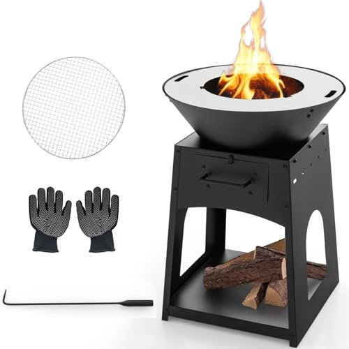 TANGZON 2-in-1 Outdoor Fire Pit with Firewood Log Rack, 60cm/22’’ Portable Wood Burning Fireplace with Grill & Ash Box, Fire Poker & Gloves Included, Garden Patio Fire Bowl Brazier for BBQ Party