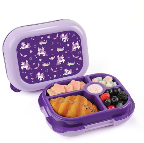 wooshwa Fiambrera Infantil - Bento Snack Lunch Box - Loncheras para Niñas Niños - Caja Almuerzo Infantil con Compartimentos - Sin BPA y apta para Lavavajilla - 745ml - Unicornio Morado