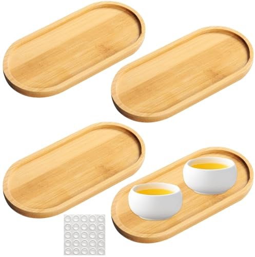 Bambus Tablett Klein, 4 Stück Ovale Tray, Holz Servierplatte für Blume, Pflanze, Tee, Kaffee, Kuchen (17.5x8.8x1cm)