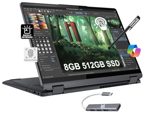 Lenovo IdeaPad Flex 5i - Laptop 2 in 1 con display touch FHD+ da 14, Intel Core i3-1215U, 8 GB di RAM, 512 GB SSD) convertibile, impronta digitale, retroilluminata, webcam FHD, durata