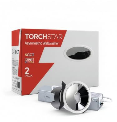 TORCHSTAR 3 Inch 5CCT LED Asymmetric Wallwasher Recessed Lights with J-Box, 35° Ultra-Narrow Trim Recessed Ceiling Spotlight, IC Rated, Dimmable, Anti-Glare, CRI90, 2700-5000K, ETL FCC, Pack of 2