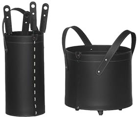 LIMAC Diseño TOCAD: juego de chimenea moderno de cuero, compuesto por leña, bolsa porta-ferros de cuero y juego de herramientas para chimenea, fabricado en Italia.