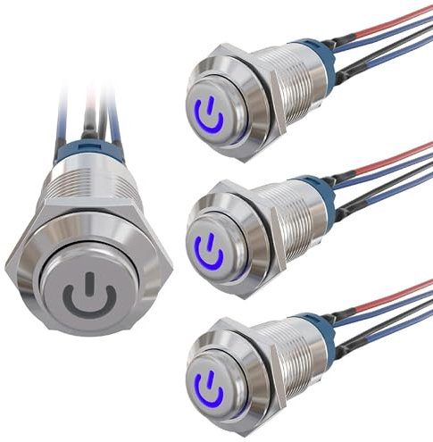 3 Pezzi 12mm Pulsante Momentaneo in Metallo 12V-24V 2A Interruttore Pulsante Pulsante Rotondo ON OFF con Blu LED per Auto Campanello