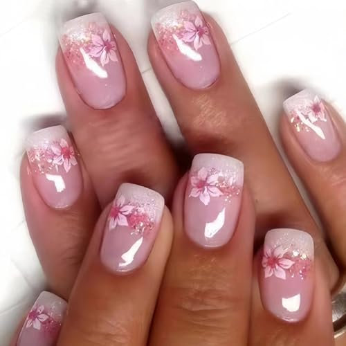 24pcs Short Press On Nails with Floral Designs - Natural Length False Nails Kit for Women, Reusable Manicure Set with Flower Patterns for Girls & Teens