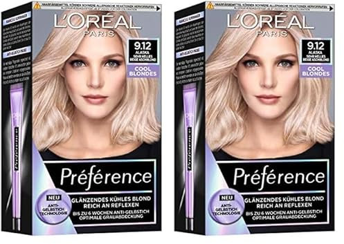 L'Oréal Paris Permanente Haarfarbe mit kühlem Farbergebnis, Haarfärbeset mit Coloration und Anti Gelbstich Pflegebalsam, Préférence Cool Blondes, Nr. 9.12 Sehr helles beige Aschblond (Alaska), 1 Stück