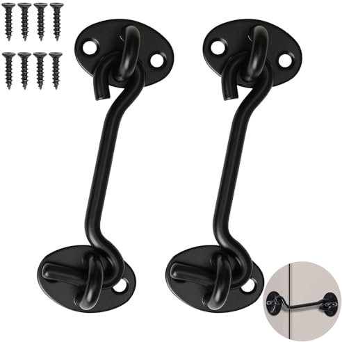 Lot de 2 crochets tempête avec œillet, crochets tempête en acier inoxydable, verrous de porte noirs, petit crochet tempête pour porte battante en bois, volets en bois, porte de grange avec 8 vis de