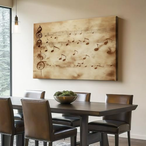 Leinwand Bilder 120L x 80B cm Wanddeko Wohnzimmer - Retro Musikelemente Partitur Noten Thema Bild auf - Braunes Wohnzimmer Moderne Kunst Zimmer Deko - Kein Rahmen