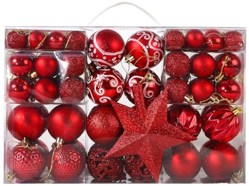101 Stück Weihnachtskugeln Set mit Baumspitze Stern Christbaumkugeln Kunststoff Christbaumschmuck Set mit Aufhängen Matt, Glänzend, Glitzernd, Weihnachtsschmuck Deko für Drinnen & Draußen (Rot)