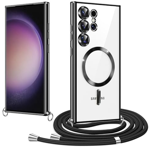 Micnkifo Magnétique Coque avec Cordon pour Samsung Galaxy S23 Ultra, Compatible avec MagSafe, Coque Magnétique en Galvanisé avec Réglable Collier Lanyard, Antichoc pour Samsung S23 Ultra, Noir